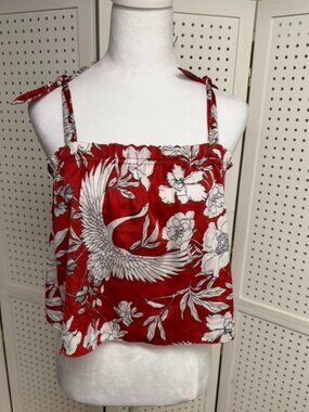 Express Tank Blouse Flowers Cranes Red White Womens Medium Flowy Summer Top